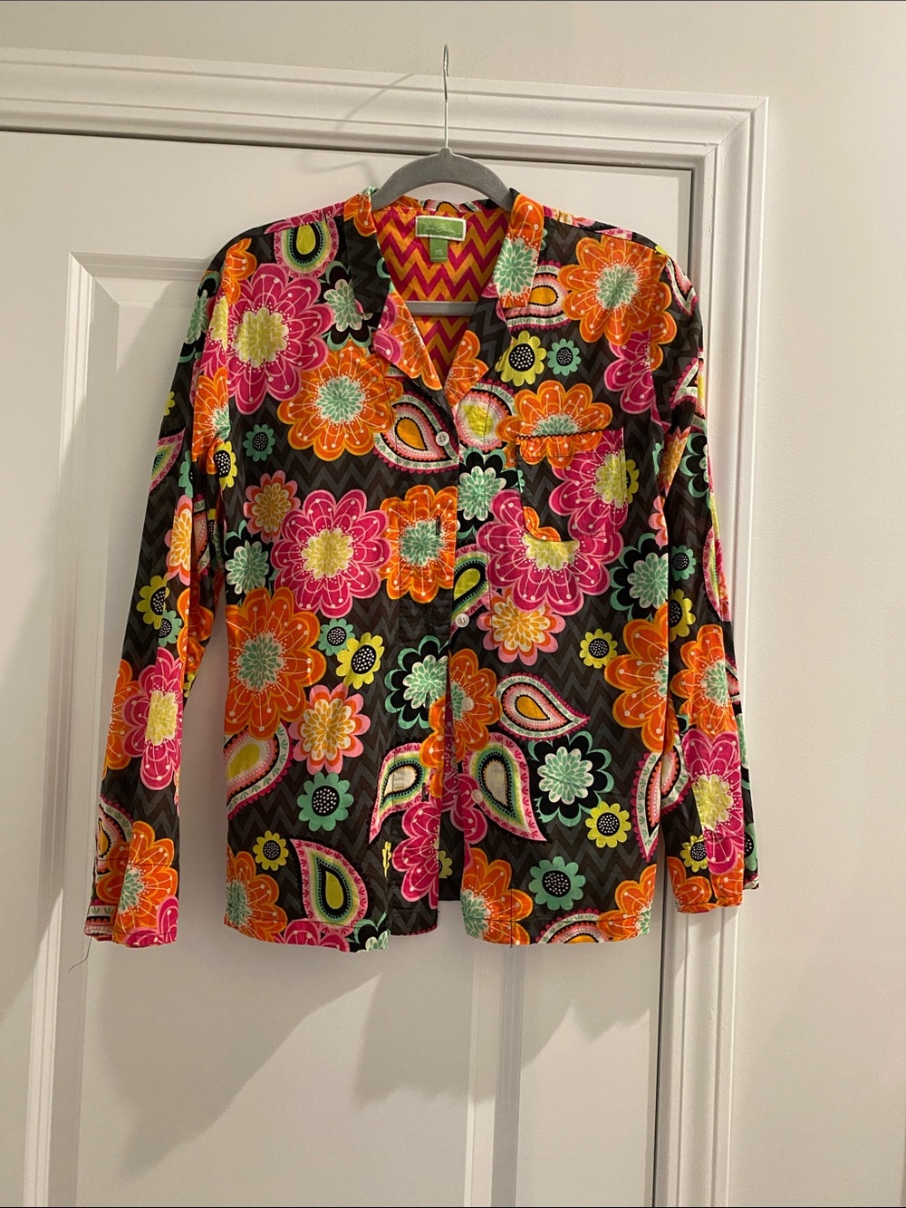 Vera Bradley Floral Button-Down Shirt in Black with Pink, Orange & Green